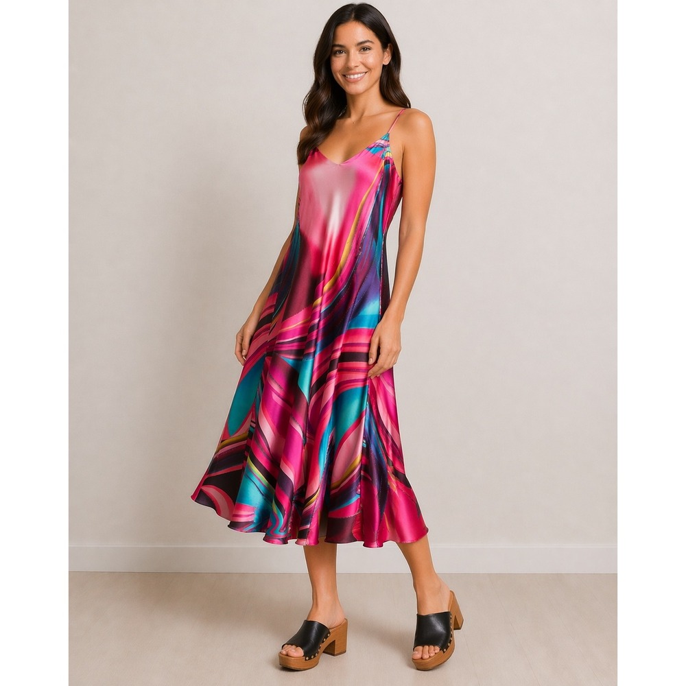 SHARON MAX Abstract Swirl Satin Slip Midi Dress Dopamine 70s Art To Wear Sz M